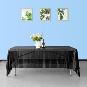 Neel Blue 70x144 Inch Rectangle Sequin Tablecloth, Black