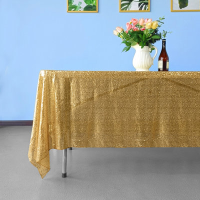 Neel Blue 70x144 Inch Rectangle Sequin Tablecloth, Gold