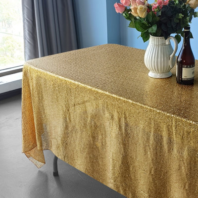 Neel Blue 70x144 Inch Rectangle Sequin Tablecloth, Gold