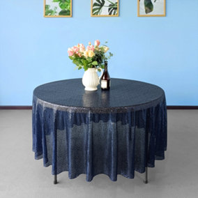 Neel Blue 90 Inch Round Sequin Tablecloth, Navy