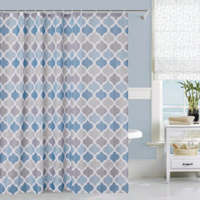 Neel Blue Blue & Grey Shower Curtain With Hooks, Waterproof Polyester Fabric, 180cm x 200cm
