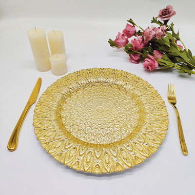 Neel Blue Charger Plates for Table Decoration - Gold Peacock Design - Pack of 12