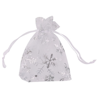 Neel Blue Christmas Gift Bag White Snowflakes Glitter Organza Bag, 7x9cm - Pack of 100