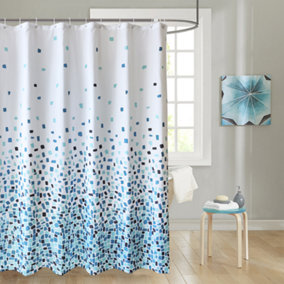 Neel Blue Mix Square Design Shower Curtain Polyester Fabric Bathroom Curtain Mould & Mildew With 12 Curtain Hook