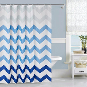 Neel Blue Polyester Printed Shower Curtain Mould & Mildew Resistant With 12 Curtain Hook  180 x 200cm