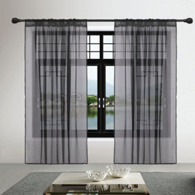 Neel Blue Voile Curtains Slot Top, 2 Curtains, Black - 56" Width x 54" Drop