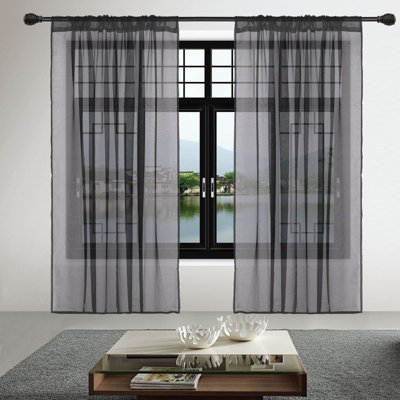 Neel Blue Voile Curtains Slot Top, 2 Curtains, Black - 56" Width x 72" Drop