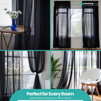 Trimming Shop Voile Curtains - 2 Panels, 56 X 81 Inches, Semi-Transparent Woven Sheer Slot Top Curtains For Bedroom Living Room, Black