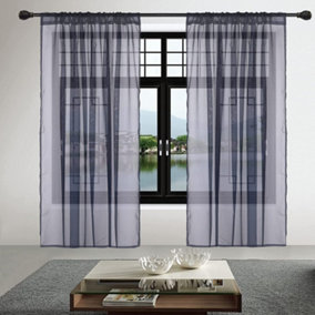 Neel Blue Voile Curtains Slot Top, 2 Curtains, Navy Blue - 56" Width x 72" Drop