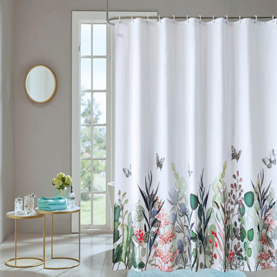 Neel Blue Wildflower Shower Curtain Polyester Mould & Mildew Resistant With 12 Curtain Hook 180cm x 180cm
