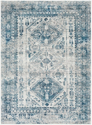 NEELAM Vintage Traditional Oriental Boho Sky Blue/Light Grey/White/Navy Area Rug 120 x 170 cm