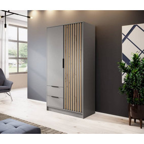 Nelly Contemporary Hinged 2 Door Wardrobe Grey 2 Drawers 4 Shelves 1 Hanging Rail Lamela Decor (H)2000mm (W)1050mm (D)510mm