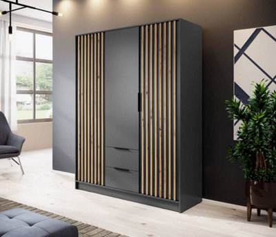 Nelly Contemporary Hinged 3 Door Wardrobe Graphite 2 Drawers 8 Shelves 1 Hanging Rail Lamela Decor (H)2000mm (W)1550mm (D)510mm