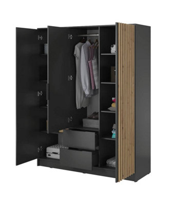 Nelly Contemporary Hinged 3 Door Wardrobe Graphite 2 Drawers 8 Shelves 1 Hanging Rail Lamela Decor (H)2000mm (W)1550mm (D)510mm
