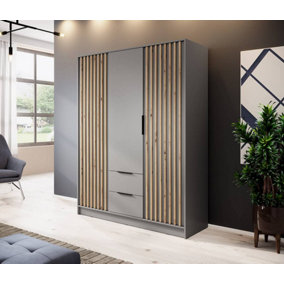 Nelly Contemporary Hinged 3 Door Wardrobe Grey 2 Drawers 8 Shelves 1 Hanging Rail Lamela Decor (H)2000mm (W)1550mm (D)510mm