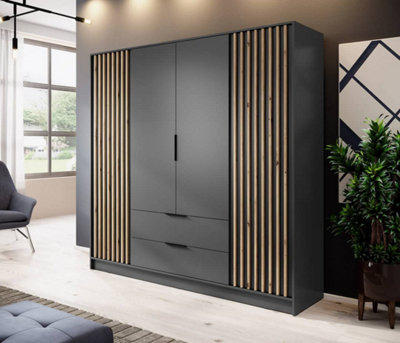 Nelly Contemporary Hinged 4 Door Wardrobe Graphite 2 Drawers 8 Shelves 1 Hanging Rail Lamela Decor (H)2000mm (W)2060mm (D)510mm