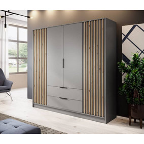 Nelly Contemporary Hinged 4 Door Wardrobe Grey 2 Drawers 8 Shelves 1 Hanging Rail Lamela Decor (H)2000mm (W)2060mm (D)510mm