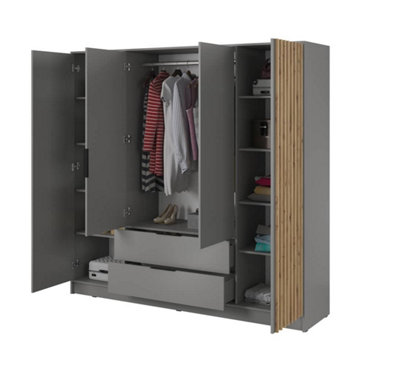 Nelly Contemporary Hinged 4 Door Wardrobe Grey 2 Drawers 8 Shelves 1 Hanging Rail Lamela Decor (H)2000mm (W)2060mm (D)510mm