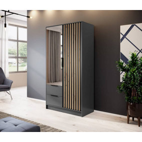 Nelly Contemporary Mirrored Hinged 2 Door Wardrobe Graphite 2 Drawers 4 Shelves 1 Rail Lamela Decor (H)2000mm (W)1050mm (D)510mm