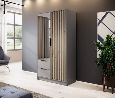 Nelly Contemporary Mirrored Hinged 2 Door Wardrobe Grey 2 Drawers 4 Shelves 1 Rail Lamela Decor (H)2000mm (W)1050mm (D)510mm