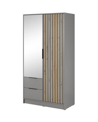 Nelly Contemporary Mirrored Hinged 2 Door Wardrobe Grey 2 Drawers 4 Shelves 1 Rail Lamela Decor (H)2000mm (W)1050mm (D)510mm