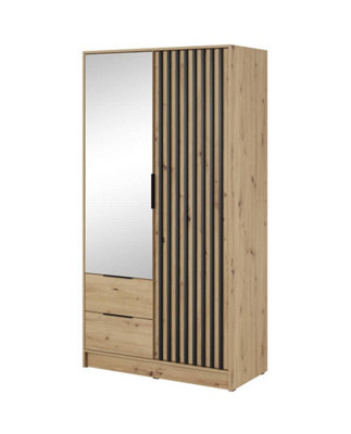 Nelly Contemporary Mirrored Hinged 2 Door Wardrobe Oak Effect 2 Drawers 4 Shelves 1 Rail Lamela Decor (H)2000mm (W)1050mm (D)510mm