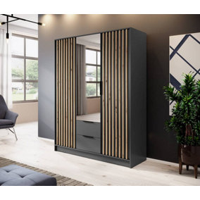 Nelly Contemporary Mirrored Hinged 3 Door Wardrobe Graphite 2 Drawers 8 Shelves 1 Rail Lamela Decor (H)2000mm (W)1550mm (D)510mm