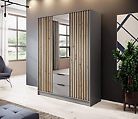Nelly Contemporary Mirrored Hinged 3 Door Wardrobe Grey 2 Drawers 8 Shelves 1 Rail Lamela Decor (H)2000mm (W)1550mm (D)510mm