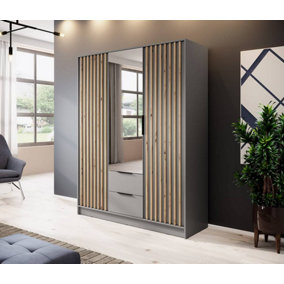 Nelly Contemporary Mirrored Hinged 3 Door Wardrobe Grey 2 Drawers 8 Shelves 1 Rail Lamela Decor (H)2000mm (W)1550mm (D)510mm