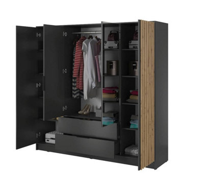 Nelly Contemporary Mirrored Hinged 4 Door Wardrobe Graphite 2 Drawers 8 Shelves 1 Rail Lamela Decor (H)2000mm (W)2060mm (D)510mm