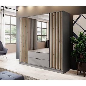 Nelly Contemporary Mirrored Hinged 4 Door Wardrobe Grey 2 Drawers 8 Shelves 1 Rail Lamela Decor (H)2000mm (W)2060mm (D)510mm