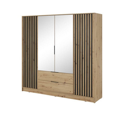 Nelly Contemporary Mirrored Hinged 4 Door Wardrobe Oak Effect 2 Drawers 8 Shelves 1 Rail Lamela Decor (H)2000mm (W)2060mm (D)510mm