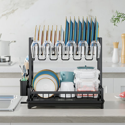 Detachable 2-Tier Stainless Steel Dish Drying Rack - Large Capacity With Swivel Drain Spout & Accessory Holders, Black