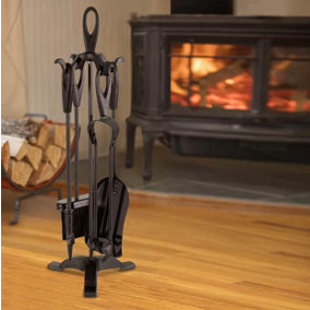 Neo Black Fireplace Fireside Set Fire Tool Accessories Storage Rack with 5 Piece