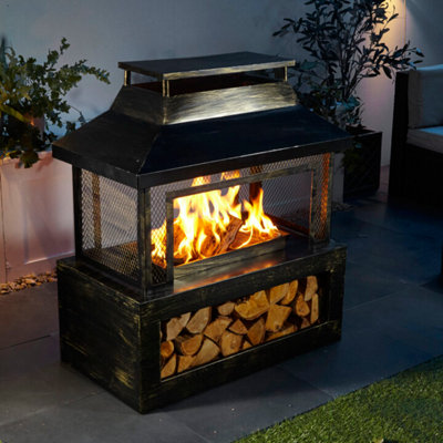 Neo Black Outdoor Fire Pit Log Burner With Mesh Surround and Storage at B&Q