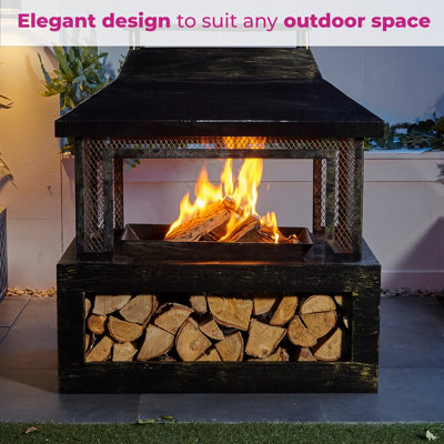 Neo Black Outdoor Fire Pit Log Burner With Mesh Surround and Storage | DIY  at Bu0026Q