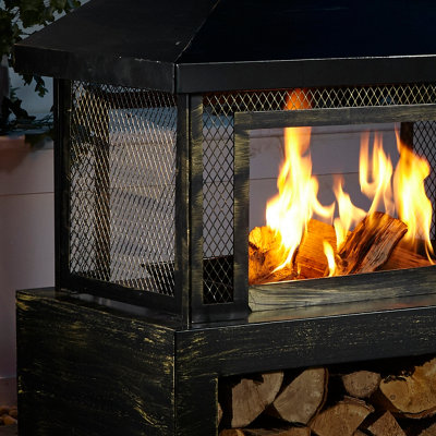 Neo Black Outdoor Fire Pit Log Burner With Mesh Surround and Storage | DIY  at Bu0026Q