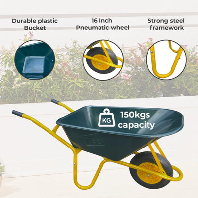 Neo Garden Wheelbarrow Heavy Duty 110L 150kg Durable Plastic Green Tray Barrow Pneumatic Wheel Tyre Loads Equine Yard Gardening