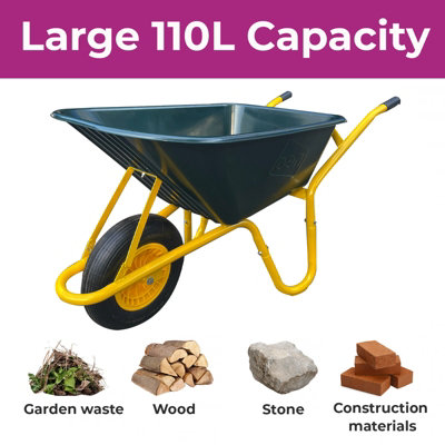 Neo Garden Wheelbarrow Heavy Duty 110L 150kg Durable Plastic Green Tray Barrow Pneumatic Wheel Tyre Loads Equine Yard Gardening - 4