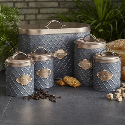 Light Grey Tea Coffee Sugar Biscuit Barrel / Cookie Jar and Wooden Bread  Bin Box Kitchen Storage Container 