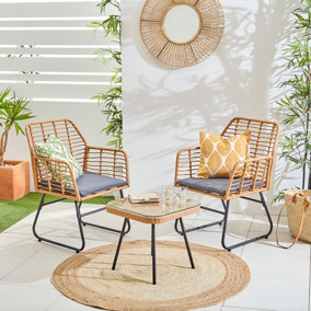 Neo Grey Garden Furniture Patio Wicker Bamboo Style Chair Table Outdoor Rattan Bistro Set 3 Piece