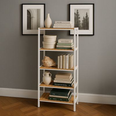 Neo Natural / White 5 Tier Bamboo Storage Shelf Shelves Rack