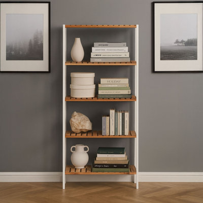 Neo Natural / White 5 Tier Bamboo Storage Shelf Shelves Rack