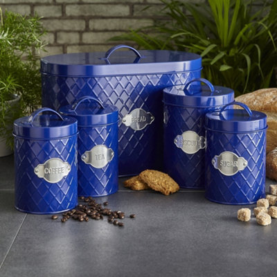 Neo Navy Blue Embossed 5 Piece Kitchen Canister Set | DIY at B&Q