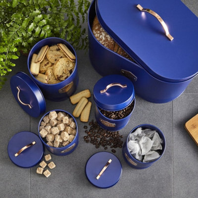 Neo Navy Blue Embossed 5 Piece Kitchen Canister Set | DIY at B&Q