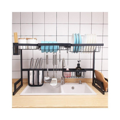 Stainless Fixing Pole 2 Floor Sink Shelf Dish Cup Storage Drying Rack  Kitchen