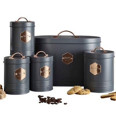 Neo Retro Inspired Sleek Matt & Copper 5 Piece Kitchen Canister