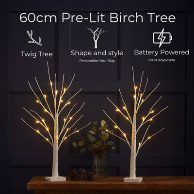 Neo Set of 2 LED Pre Lit Twig Tree Lights 60cm Birch Tree Lamp Warm ...