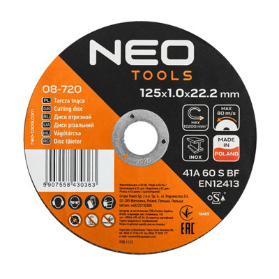 Neo Tools Metal/INOX cutting discs 125 x 1.0 x 22.2mm 41 A60-S-BF 25 ...