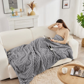 Neo Waffle Shaped Electric Blanket Heated Fleece Overblanket Throw Machine Washable Remote Timer Control Heat Settings - Grey